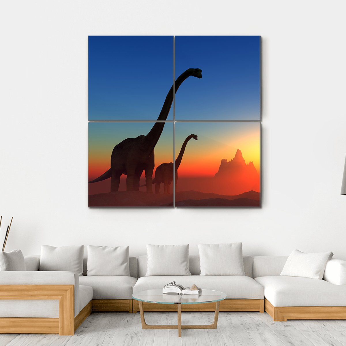 Dinosaurs With Colorful Sky Canvas Wall Art-4 Square-Gallery Wrap-17" x 17"-Tiaracle