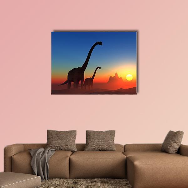 Adult and Juvenile Dinosaurs at Sunset Canvas Wall Art in orange, yellow and blue, single panel hung on a wall
