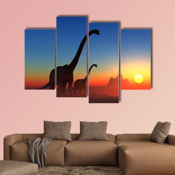 Dinosaurs With Colorful Sky Canvas Wall Art-4 Pop-Gallery Wrap-50" x 32"-Tiaracle