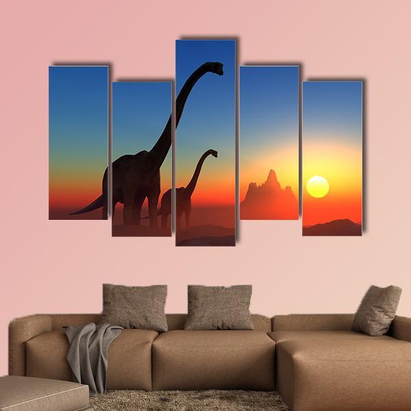 Dinosaurs With Colorful Sky Canvas Wall Art-5 Pop-Gallery Wrap-47" x 32"-Tiaracle
