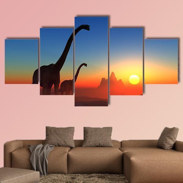 Dinosaurs With Colorful Sky Canvas Wall Art-5 Star-Gallery Wrap-62" x 32"-Tiaracle