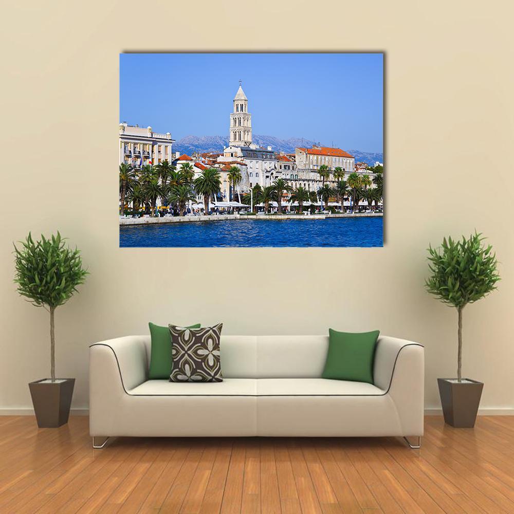 Diocletian Palace in Split Canvas Wall Art in white, beige and blue, single panel hung on a wall