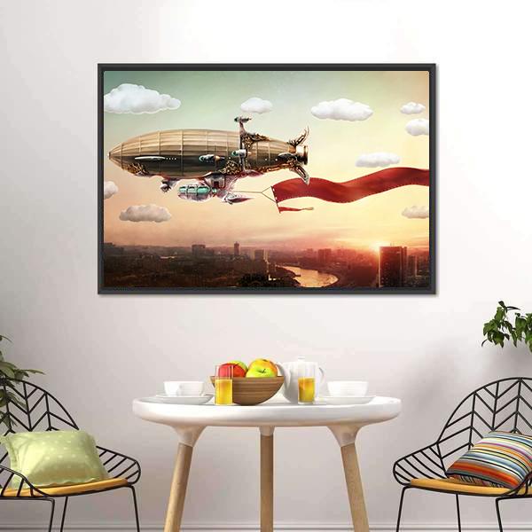 Steampunk Dirigible with Red Banner Canvas Wall Art in brown and yellow, framed canvas, product view on a white background