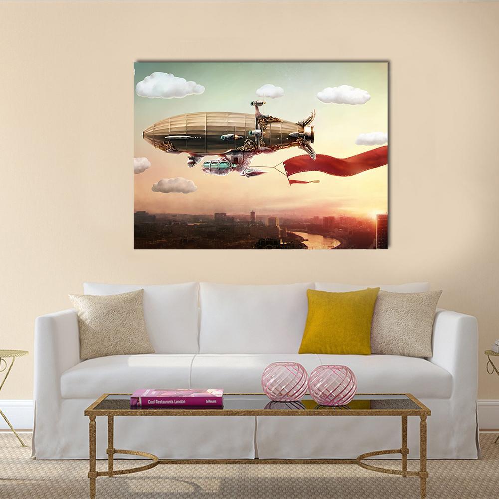 Steampunk Dirigible with Red Banner Canvas Wall Art in brown and yellow, single panel hung on a wall
