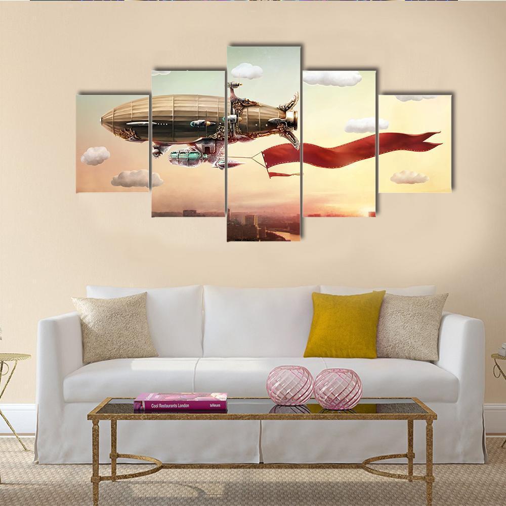 Dirigible With Banner Canvas Wall Art-5 Star-Gallery Wrap-62&quot; x 32&quot;-Tiaracle