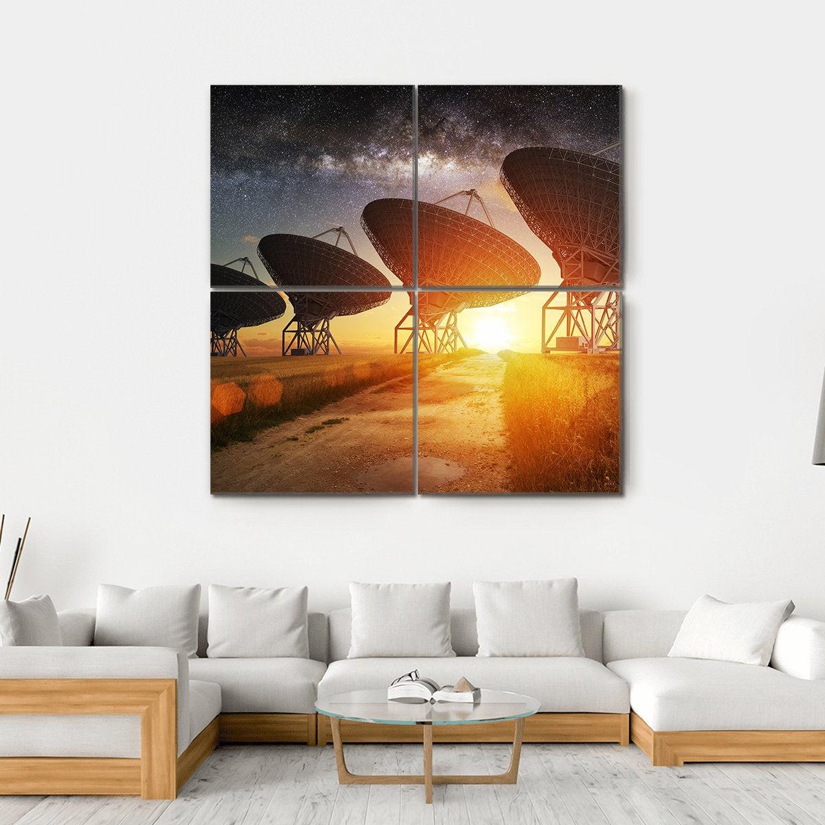 Radio Telescope Array Under the Milky Way Canvas Wall Art in black, orange and yellow, hung on a wall