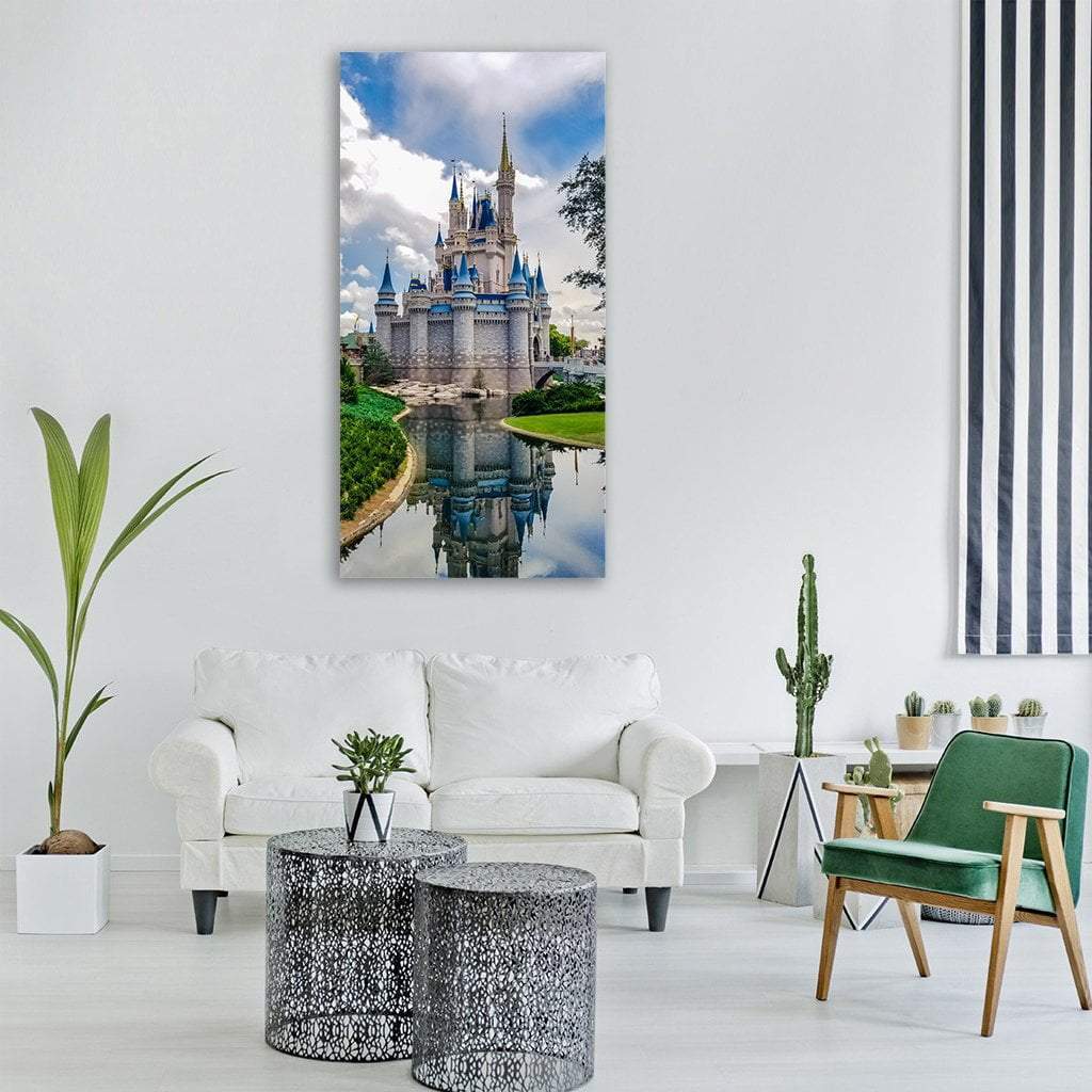 Cinderella Castle at the Moat Vertical Canvas Wall Art in white, gray and blue, single vertical panel hung on a wall