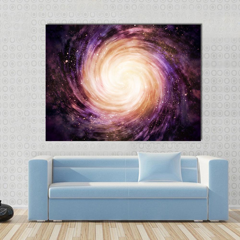 Distant Spiral Galaxy Canvas Wall Art in black, orange and purple, single panel hung on a wall