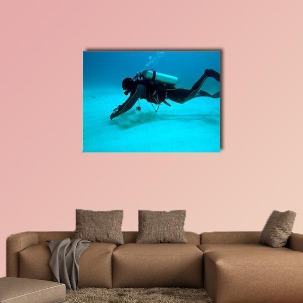Diver Near Sand Bottom Canvas Wall Art-1 Piece-Gallery Wrap-48" x 32"-Tiaracle