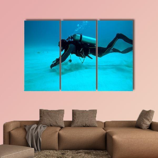 Diver Near Sand Bottom Canvas Wall Art-5 Star-Gallery Wrap-62" x 32"-Tiaracle