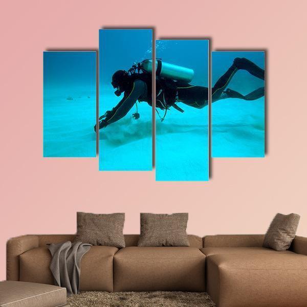 Diver Near Sand Bottom Canvas Wall Art-4 Pop-Gallery Wrap-50" x 32"-Tiaracle