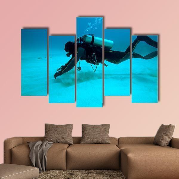 Diver Near Sand Bottom Canvas Wall Art-5 Pop-Gallery Wrap-47" x 32"-Tiaracle