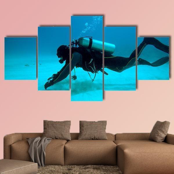 Diver Near Sand Bottom Canvas Wall Art-5 Star-Gallery Wrap-62" x 32"-Tiaracle
