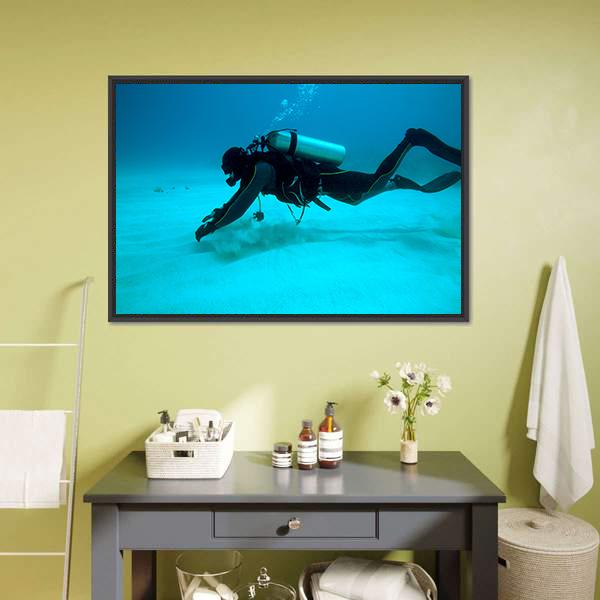Diver Near Sand Bottom Canvas Wall Art-3 Horizontal-Gallery Wrap-25" x 16"-Tiaracle