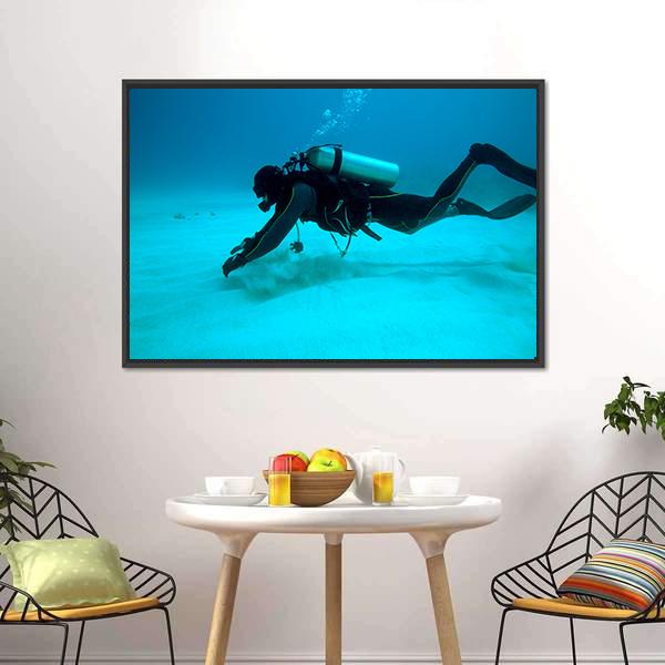Diver Near Sand Bottom Canvas Wall Art-1 Piece-Floating Frame-24" x 16"-Tiaracle