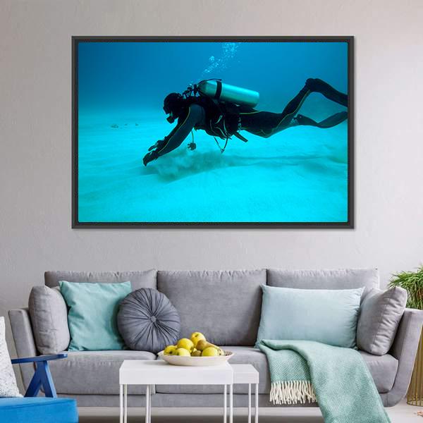 Diver Near Sand Bottom Canvas Wall Art-3 Horizontal-Gallery Wrap-25" x 16"-Tiaracle