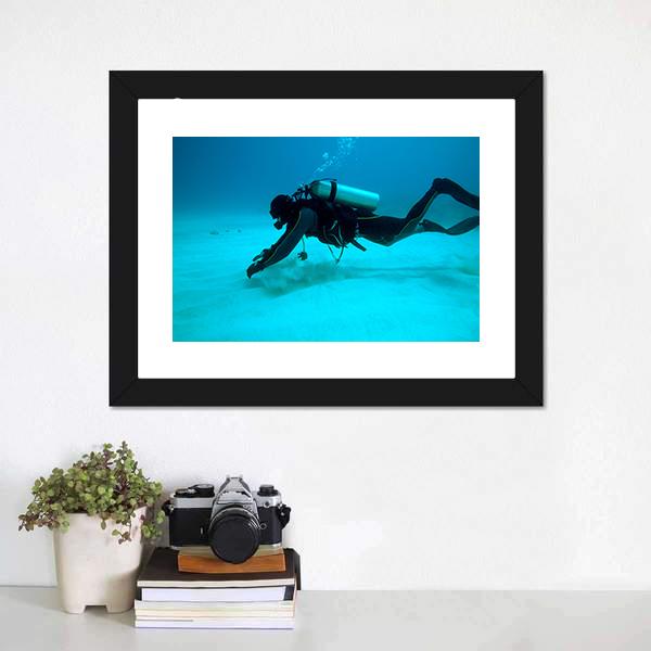 Diver Near Sand Bottom Canvas Wall Art-3 Horizontal-Gallery Wrap-25" x 16"-Tiaracle