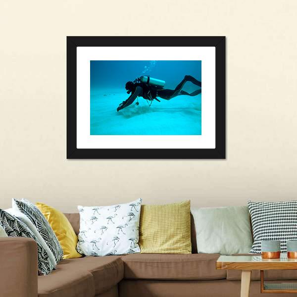 Diver Near Sand Bottom Canvas Wall Art-1 Piece-Framed Print-20" x 16"-Tiaracle