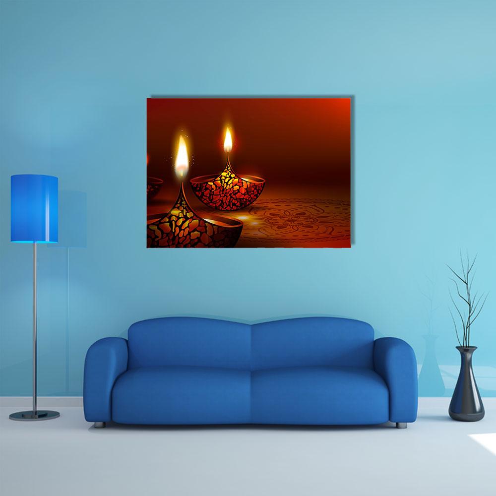Diwali Diyas with Mosaic Floor Pattern Canvas Wall Art in red, orange and yellow, single panel hung on a wall