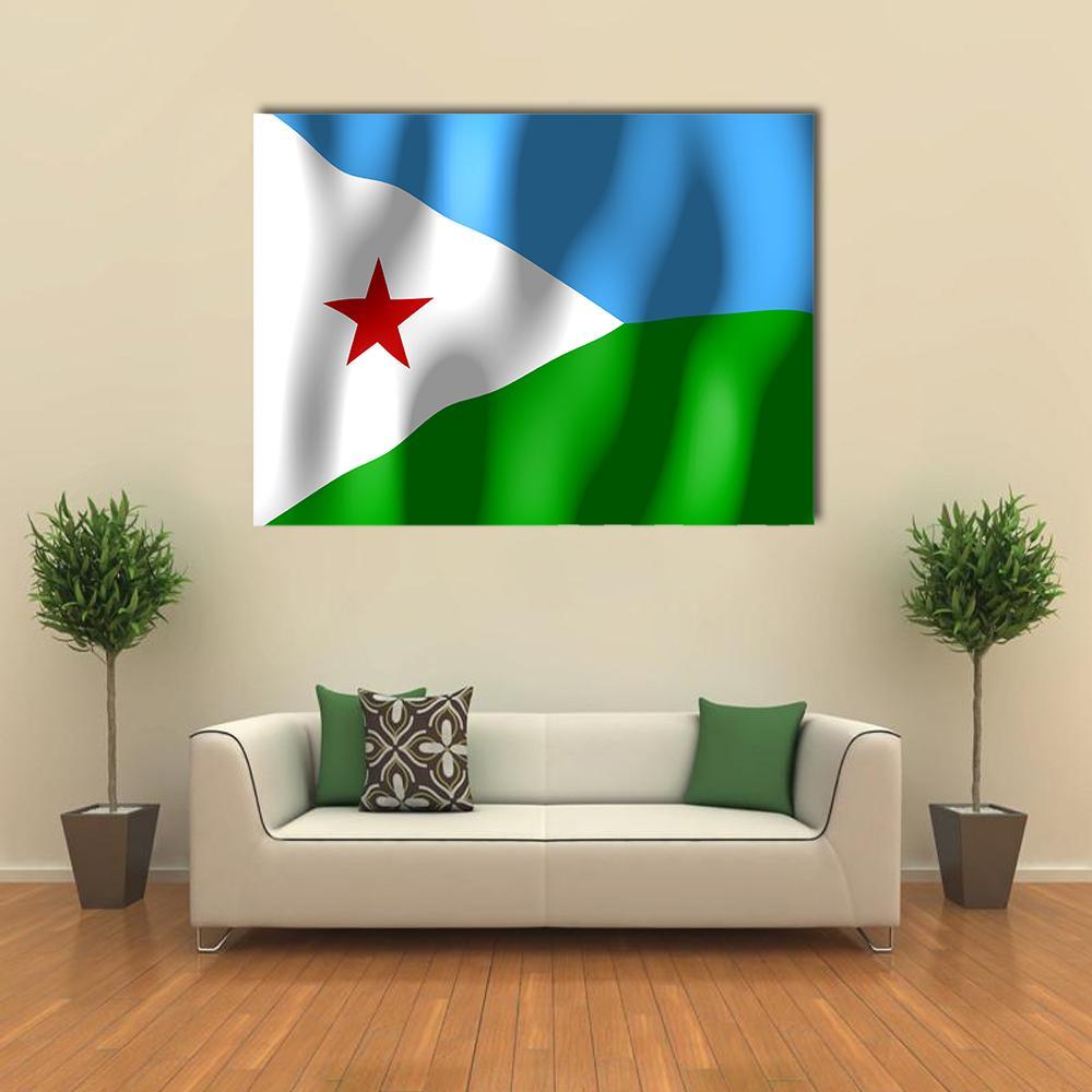 Djibouti Flag Waving Design Canvas Wall Art in white, green and blue, single panel hung on a wall