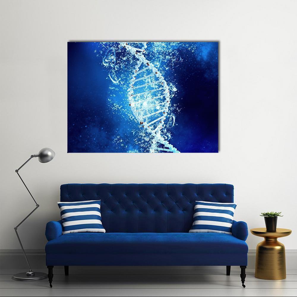 Dna Molecule in Water Canvas Wall Art in white and blue, single panel hung on a wall