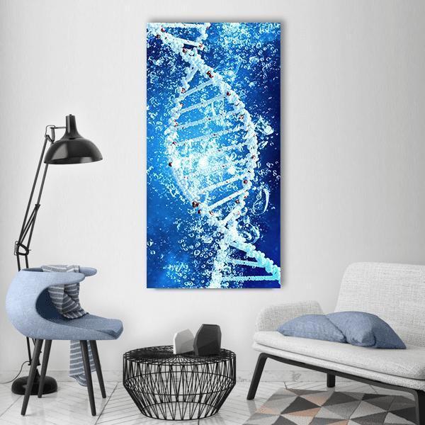 Dna Molecule in Water Vertical Canvas Wall Art in white and blue, single vertical panel hung on a wall