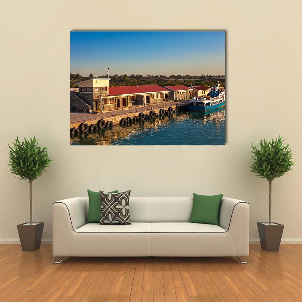 Dock at Robben Island Prison Canvas Wall Art in brown and blue, single panel hung on a wall