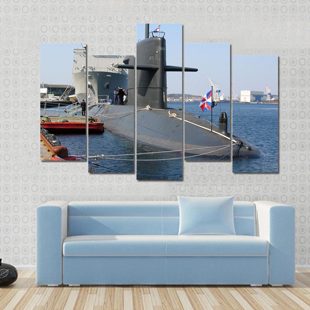 Docked Submarine Canvas Wall Art-5 Pop-Gallery Wrap-47" x 32"-Tiaracle