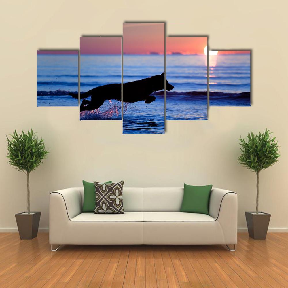 Dog Running On Beach Canvas Wall Art-5 Star-Gallery Wrap-62" x 32"-Tiaracle