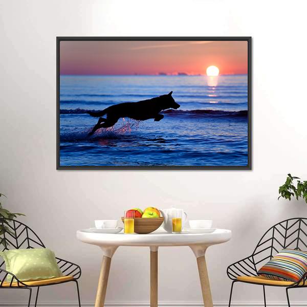 Dog Running On Beach Canvas Wall Art-1 Piece-Floating Frame-24" x 16"-Tiaracle