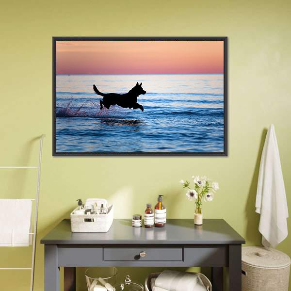 Dog Running On Water Canvas Wall Art-5 Horizontal-Gallery Wrap-22" x 12"-Tiaracle
