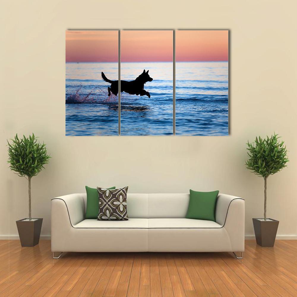 Dog Running On Water Canvas Wall Art-3 Horizontal-Gallery Wrap-37" x 24"-Tiaracle