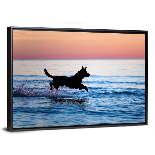 Dog Running On Water Canvas Wall Art-3 Horizontal-Gallery Wrap-25" x 16"-Tiaracle