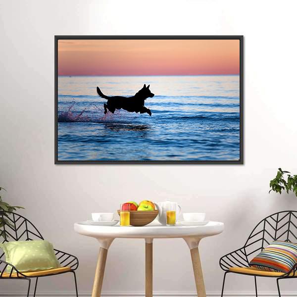 Dog Running on Water Canvas Wall Art in black, orange and blue, framed canvas, product view on a white background