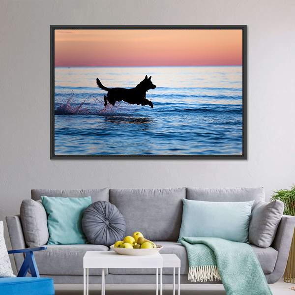 Dog Running On Water Canvas Wall Art-3 Horizontal-Gallery Wrap-25" x 16"-Tiaracle