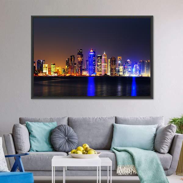 Doha City Skyline At Night Panoramic Canvas Wall Art-1 Piece-36" x 12"-Tiaracle