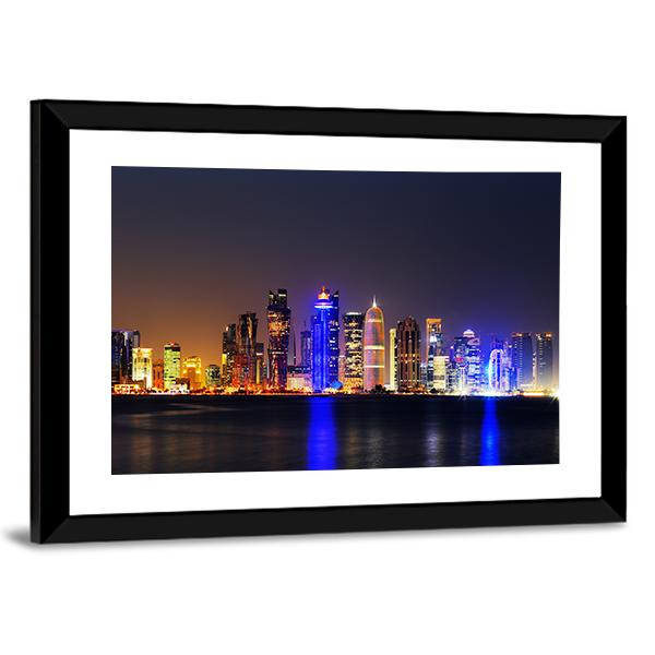 Doha City Skyline At Night Panoramic Canvas Wall Art-1 Piece-36" x 12"-Tiaracle