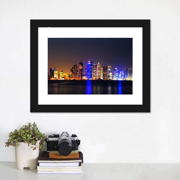 Doha City Skyline At Night Panoramic Canvas Wall Art-1 Piece-36" x 12"-Tiaracle