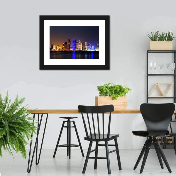 Doha City Skyline At Night Panoramic Canvas Wall Art-1 Piece-36" x 12"-Tiaracle