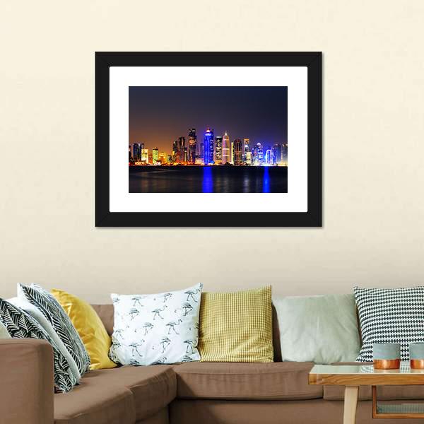 Doha City Skyline At Night Panoramic Canvas Wall Art-1 Piece-36" x 12"-Tiaracle