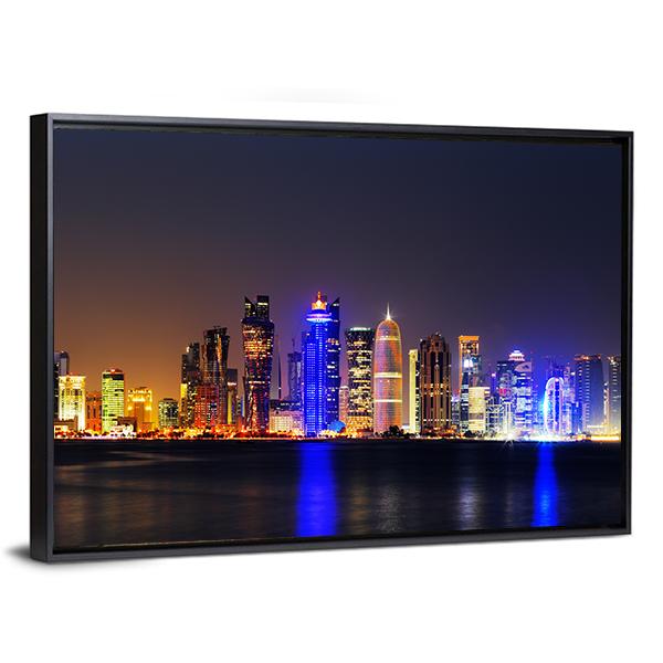 Doha City Skyline At Night Panoramic Canvas Wall Art-1 Piece-36" x 12"-Tiaracle