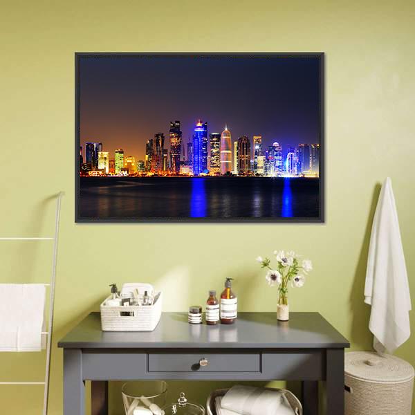 Doha City Skyline At Night Panoramic Canvas Wall Art-1 Piece-36" x 12"-Tiaracle
