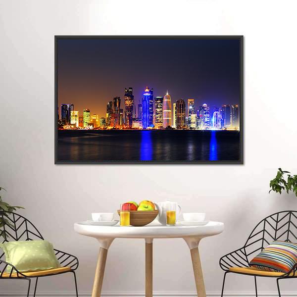 Doha City Skyline At Night Panoramic Canvas Wall Art-1 Piece-36" x 12"-Tiaracle