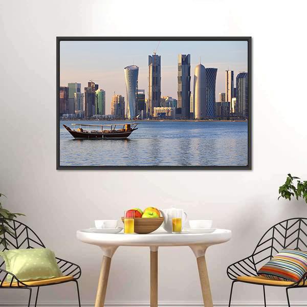 Doha City Skyline Canvas Wall Art-1 Piece-Floating Frame-24" x 16"-Tiaracle