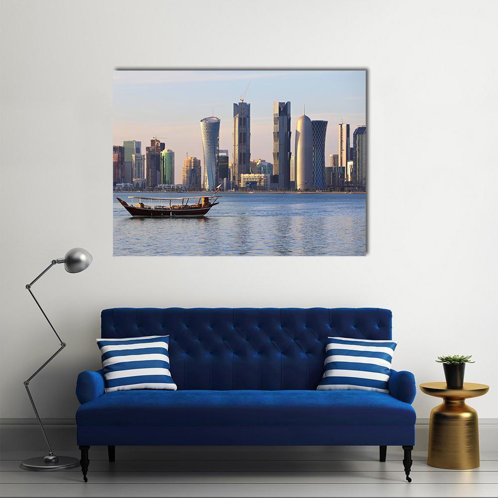 Doha City Skyline with Traditional Dhow Canvas Wall Art in white, gray and blue, single panel hung on a wall