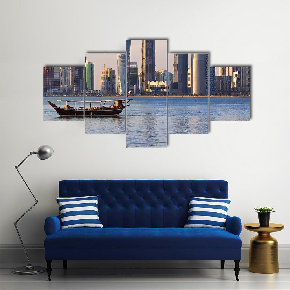 Doha City Skyline Canvas Wall Art-5 Star-Gallery Wrap-62" x 32"-Tiaracle