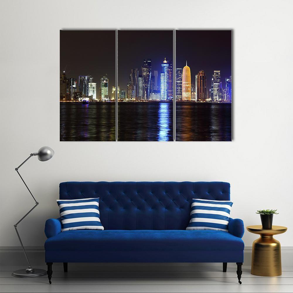Doha Night Skyline Canvas Wall Art-3 Horizontal-Gallery Wrap-37" x 24"-Tiaracle