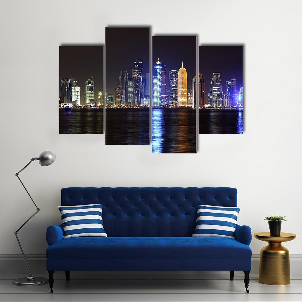 Doha Night Skyline Canvas Wall Art-4 Pop-Gallery Wrap-50" x 32"-Tiaracle