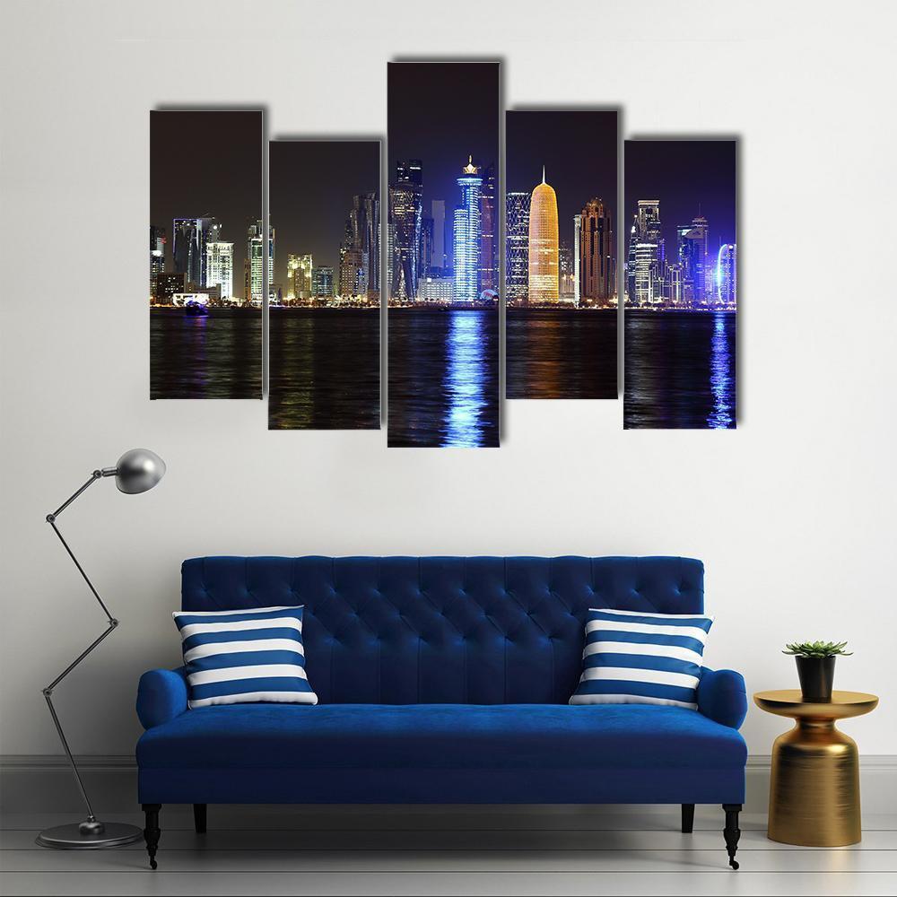 Doha Night Skyline Canvas Wall Art-5 Pop-Gallery Wrap-47" x 32"-Tiaracle