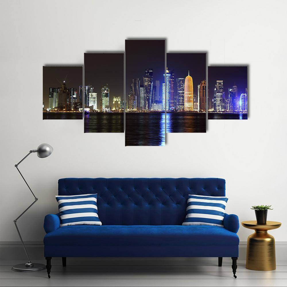 Doha Night Skyline Canvas Wall Art-5 Pop-Gallery Wrap-47" x 32"-Tiaracle
